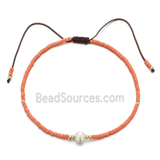 handmade miyuki glass Bracelet with Pearl, adjustable, orange