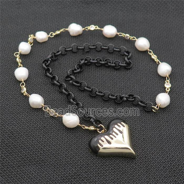 Copper Necklace Black Lacquered Heart Pearl Gold Plated