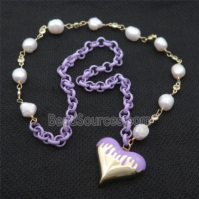 Copper Necklace Lavender Lacquered Heart Pearl Gold Plated