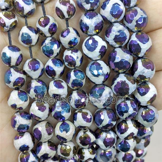Tibetan Agate Beads Faceted Round Football Rainbow Electroplated