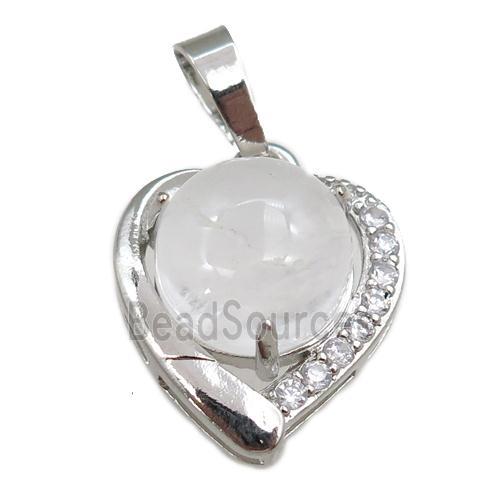 clear quartz pendant paved rhinestone, heart, platinum plated