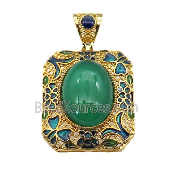 copper Rectangle pendant with green agate, enamel, gold plated