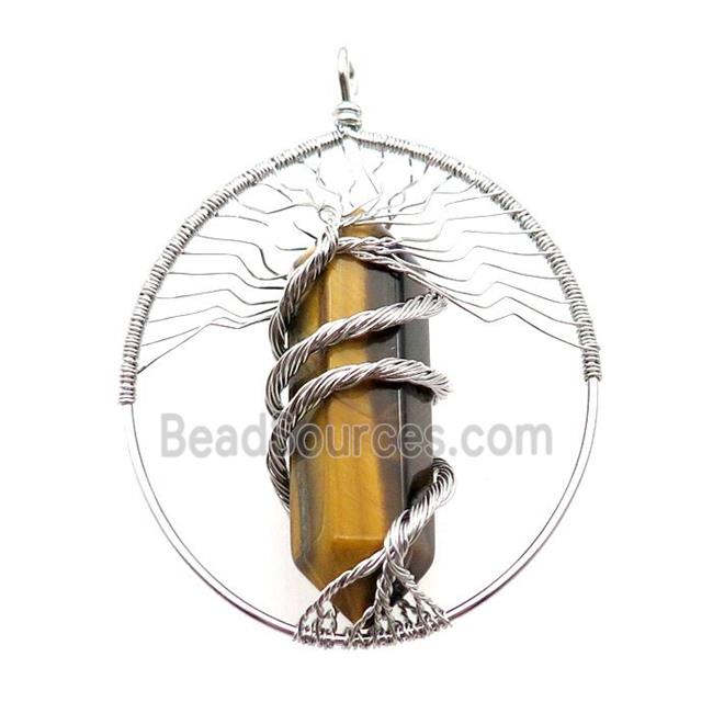 Tiger Eye Stone Tree Of Life Pendant Alloy Wire Wrapped