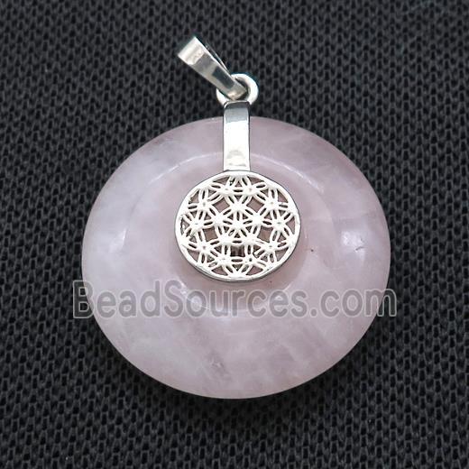 Natural Pink Rose Quartz Donut Pendant With Alloy Flower Of Life