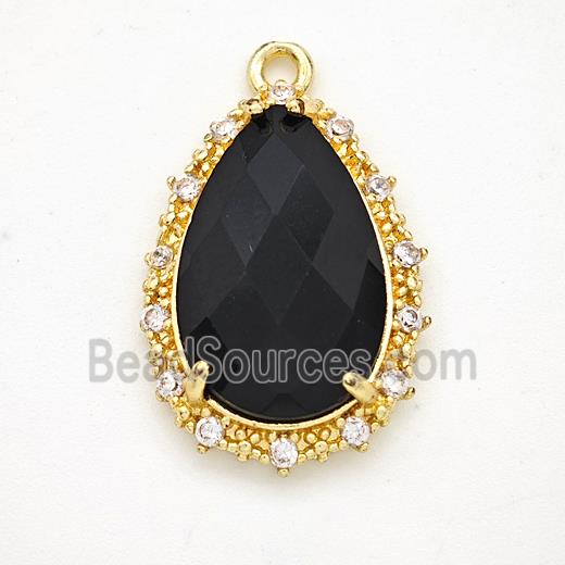 Black Obsidian Teardrop Pendant Copper Pave Zirconia Gold Plated