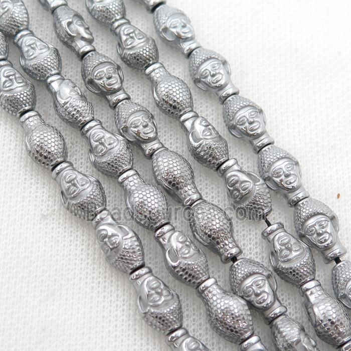 Hematite buddha beads, platinum electroplated