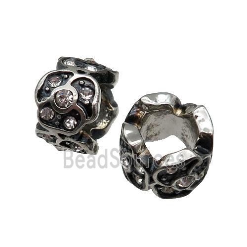 Stainless Steel tube Beads pave rhinestone, large hole, antique silver