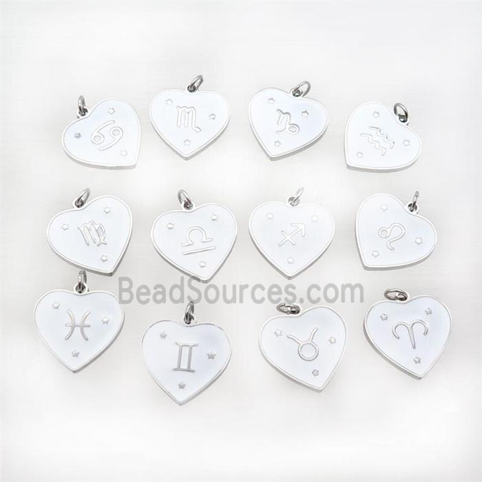 Raw Stainless Steel Heart Pendant White Enamel Zodiac Mixed