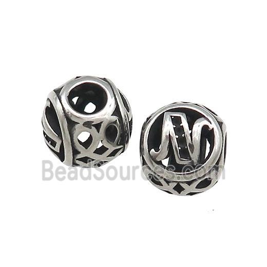 Titanium Steel Round Beads Letter-N Large Hole Hollow Antique Silver
