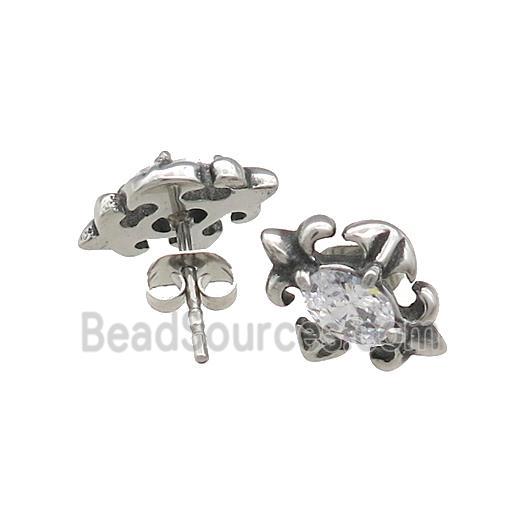 Stainless Steel Stud Earring Pave Rhinestone Flower Of Lily Antique Silver