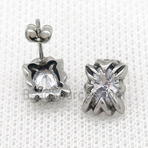 Stainless Steel Stud Earring Pave Rhinestone Antique Silver