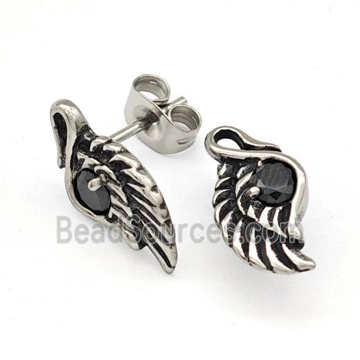 Stainless Steel Wings Stud Earrings Pave Rhinestone Antique Silver