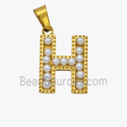 Stainless Steel Pendant Pave Pearlized Resin Letter-H Gold Plated