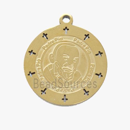 Stainless Steel Pendant Medal Padre Pio Circle Gold Plated