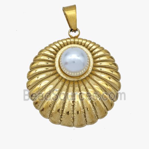 Stainless Steel Flower Pendant Pave Pearlized Resin Gold Plated