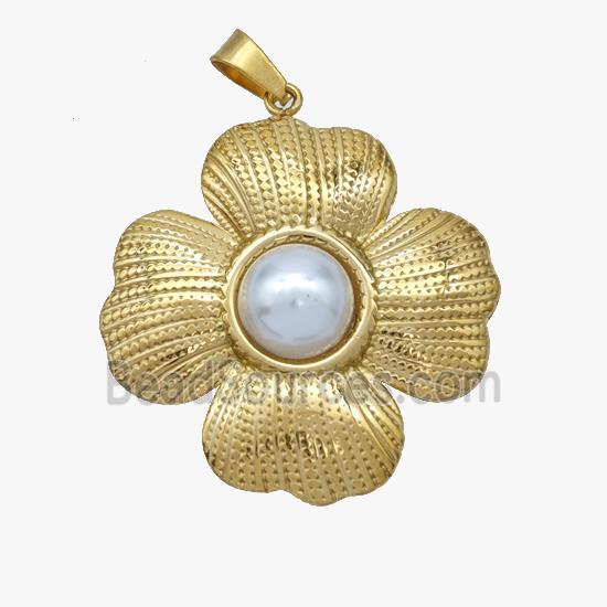 Stainless Steel Flower Pendant Pave Pearlized Resin Gold Plated