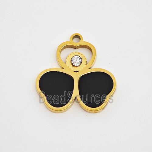 Stainless Steel Clover Pendant Pave Black Acrylic Rhinestone Gold Plated