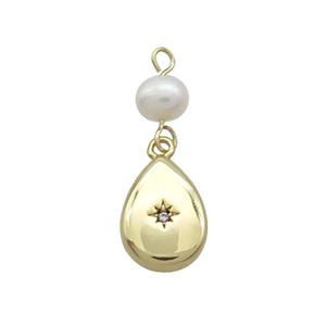 Copper Teardrop Pendant Pave Zircon With Pearl Gold Plated, approx 10-13mm, 6mm