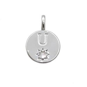 Copper Circle Pendant Pave Zircon U-letter Platinum Plated, approx 11.5mm