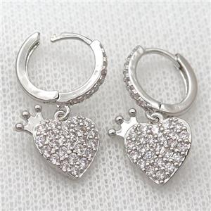 copper Hoop Earrings pave zircon with heart, platinum plated, approx 11-14mm