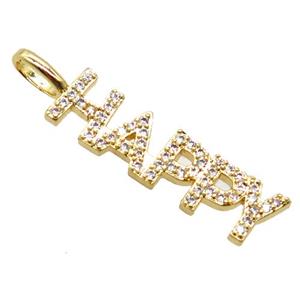 copper HAPPY pendant pave zircon, letter, gold plated, approx 6x25mm