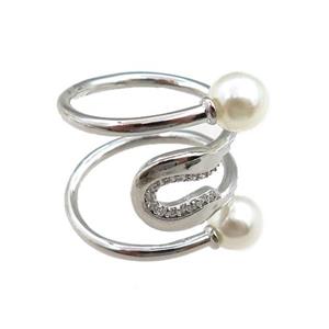 copper Rings paved zircon, adjustable, platinum plated, approx 18mm dia