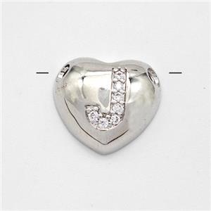 Copper Heart Pendant Pave Zirconia Letter-J Large Hole Platinum Plated, approx 16mm, 3mm hole