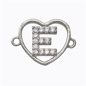 Copper Heart Connector Pave Zirconia Letter-E Platinum Plated, approx 15.5mm