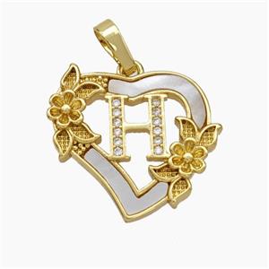 Copper Heart Pendant Pave Shell Zirconia Letter-H Flower 18K Gold Plated, approx 20mm