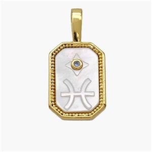 Copper Rectangle Pendant Pave Shell Zodiac Pisces 18K Gold Plated, approx 10-20mm