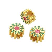 Copper Daisy Flower Beads Green Enamel Large Hole Gold Plated, approx 11.5mm, 4mm hole