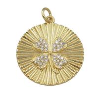copper circle pendant pave zircon, clover, gold plated, approx 20mm dia