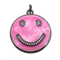 copper Emoji pendant paved zircon with pink enamel, happiness face, black plated, approx 25mm dia