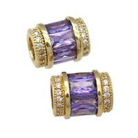 copper tube beads pave purple zircon, gold plated, approx 9-12mm, 5mm hole