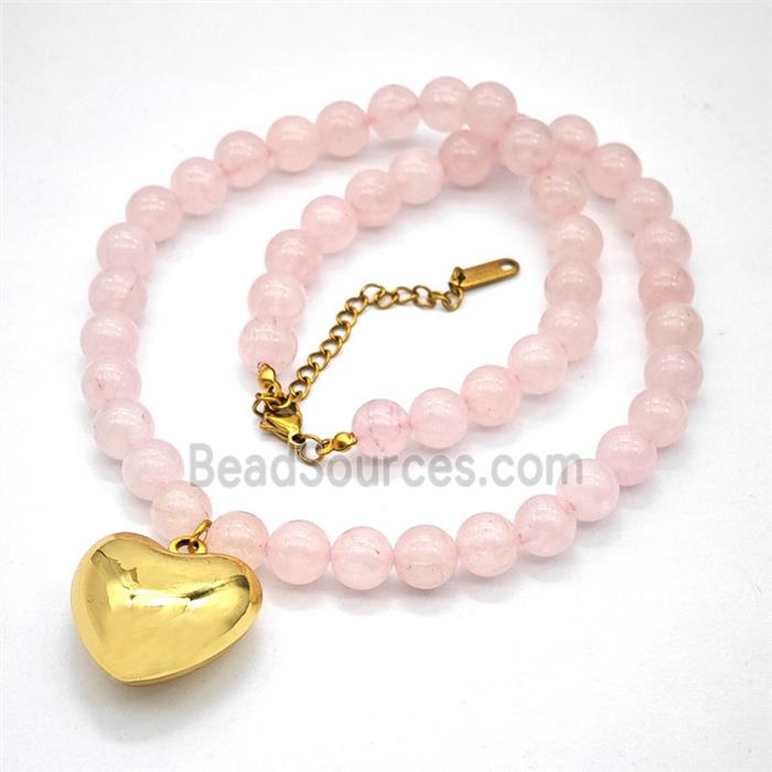 Pink Rose Quartz Necklace With Copper Heart