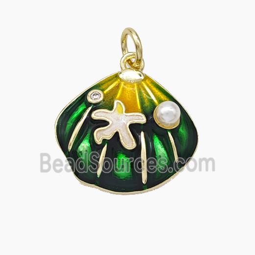 Copper Scallop Shell Pendant Pave Pearlized Resin Green Painted Gold Plated