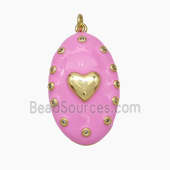 Copper Oval Pendant Pink Enamel Heart Gold Plated