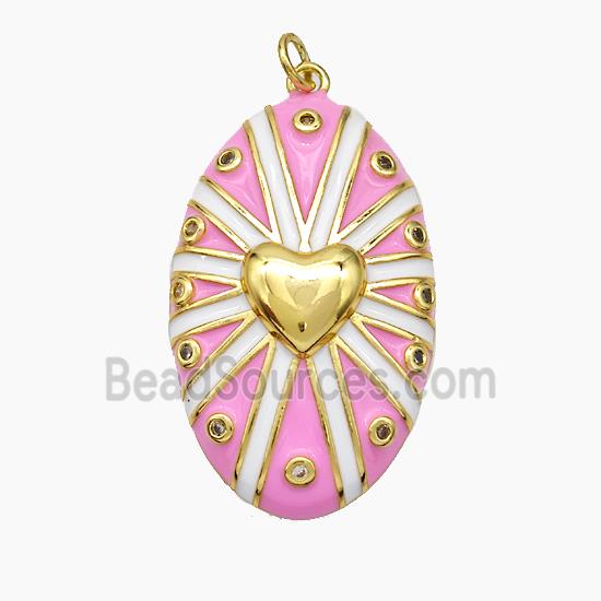 Copper Oval Pendant Pink Enamel Heart Gold Plated
