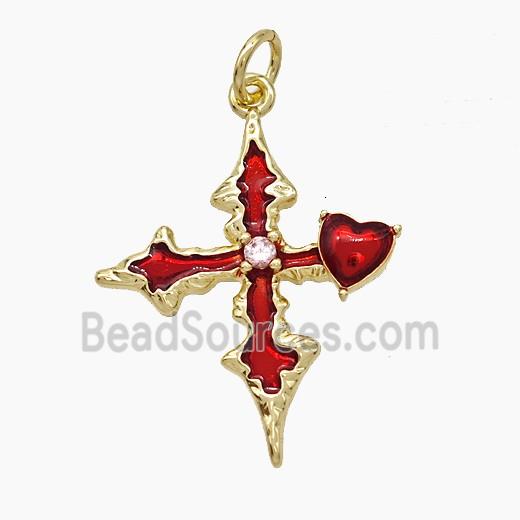 Copper Heart Cross Pendant Pave Zirconia Red Painted Gold Plated