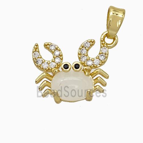Copper Crab Pendant Pave Zirconia White Jade Gold Plated