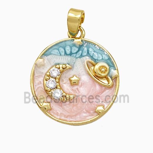 Copper Moon Planet Pendant Pave Zirconia Painted Gold Plated