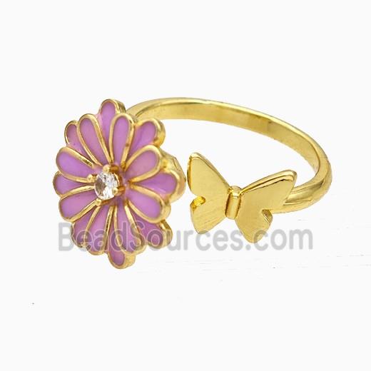 Copper Flower Butterfly Rings Pave Zirconia Pink Enamel Gold Plated