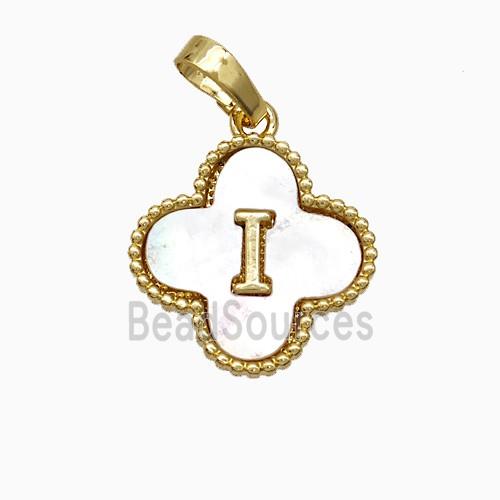 Copper Clover Pendant Pave Shell Letter-I 18K Gold Plated