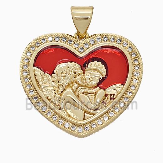 Copper Angel Heart Pendant Pave Zirconia Red Painted 18K Gold Plated
