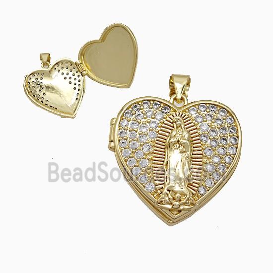 Copper Jesus Locket Pendant Pave Zirconia Heart 18K Gold Plated