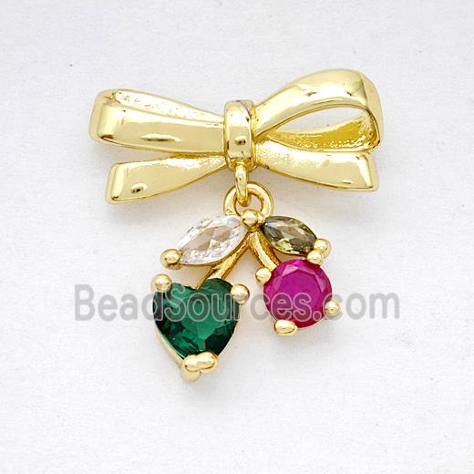 Copper Bowknot And Cherry Earrings Pave Zirconia Gold Plated