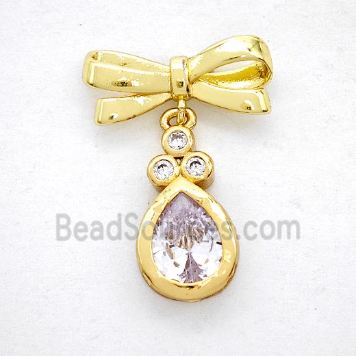 Copper Bowknot And Teardrop Earrings Pave Zirconia Gold Plated
