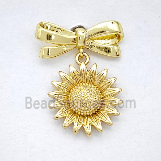 Copper Bowknot And Sunflower Earrings Pave Zirconia Gold Plated