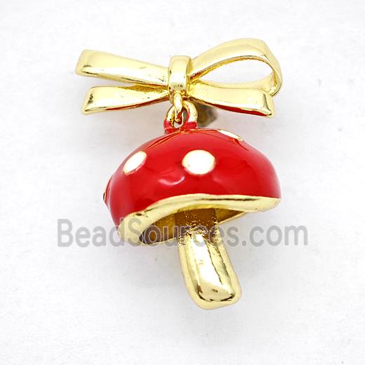 Copper Bowknot And Mushroom Earrings Red Enamel Gold Plated