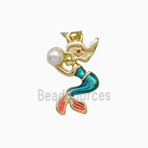 Copper Mermaid Pendant Pave Pearlized Resin Painted Gold Plated